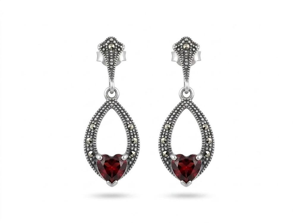 Vintage 925 Sterling Silver Garnet Heart & Marcasite Dangle Drop Earrings